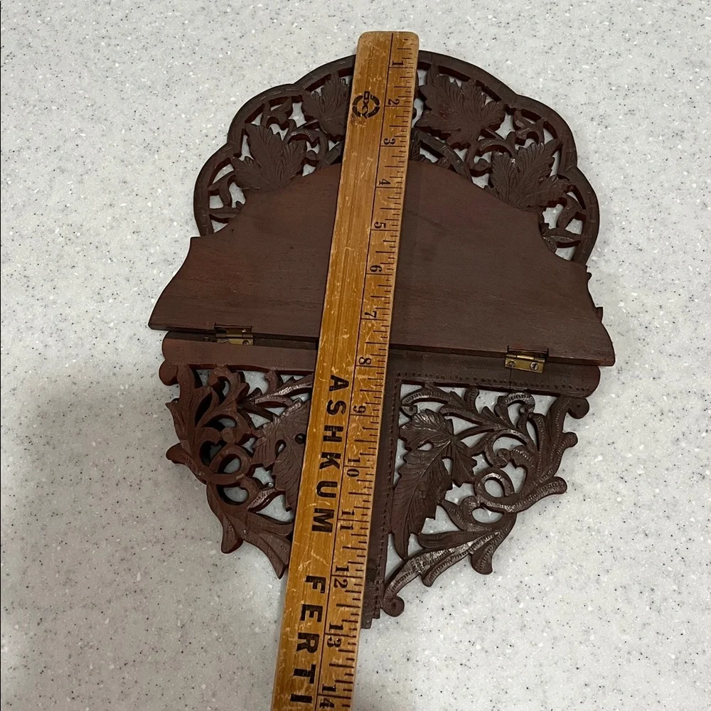 Vtg INDIA Hand Carved Wood Wooden Folding Shelf Intricate Leaf Design Leaves